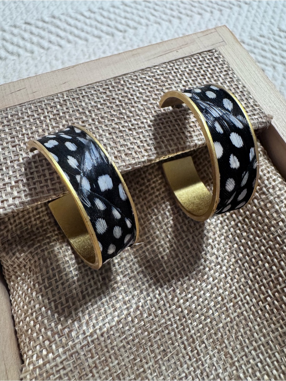 Brackish Lane Black & White Guinea Feather Hoop Earrings - Gold Plated - Picture 3 of 6